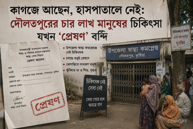 কাগজে আছেন, হাসপাতালে নেই: দৌলতপুরের চার লাখ মানুষের চিকিৎসা যখন ‘প্রেষণ’ বন্দি