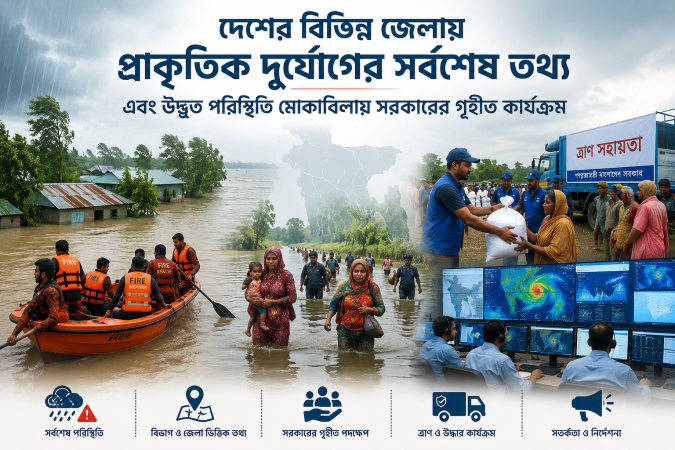 দেশের বিভিন্ন জেলায় প্রাকৃতিক দুর্যোগের সর্বশেষ তথ্য এবং উদ্ভূত পরিস্থিতি মোকাবিলায় সরকারের গৃহীত কার্যক্রম