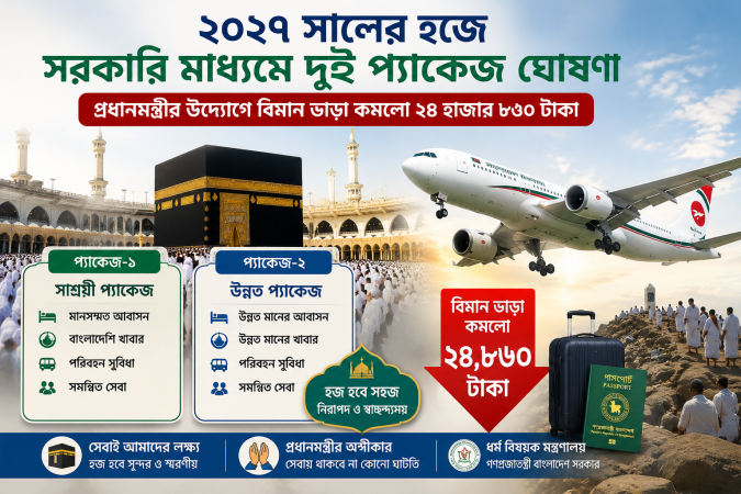 ২০২৭ সালের হজে সরকারি মাধ্যমে দুই প্যাকেজ ঘোষণা  প্রধানমন্ত্রীর উদ্যোগে বিমান ভাড়া কমলো ২৪ হাজার ৮৩০ টাকা